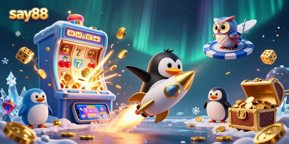 Experience thrilling jackpots with Say88's golden penguin and vibrant casino elements.