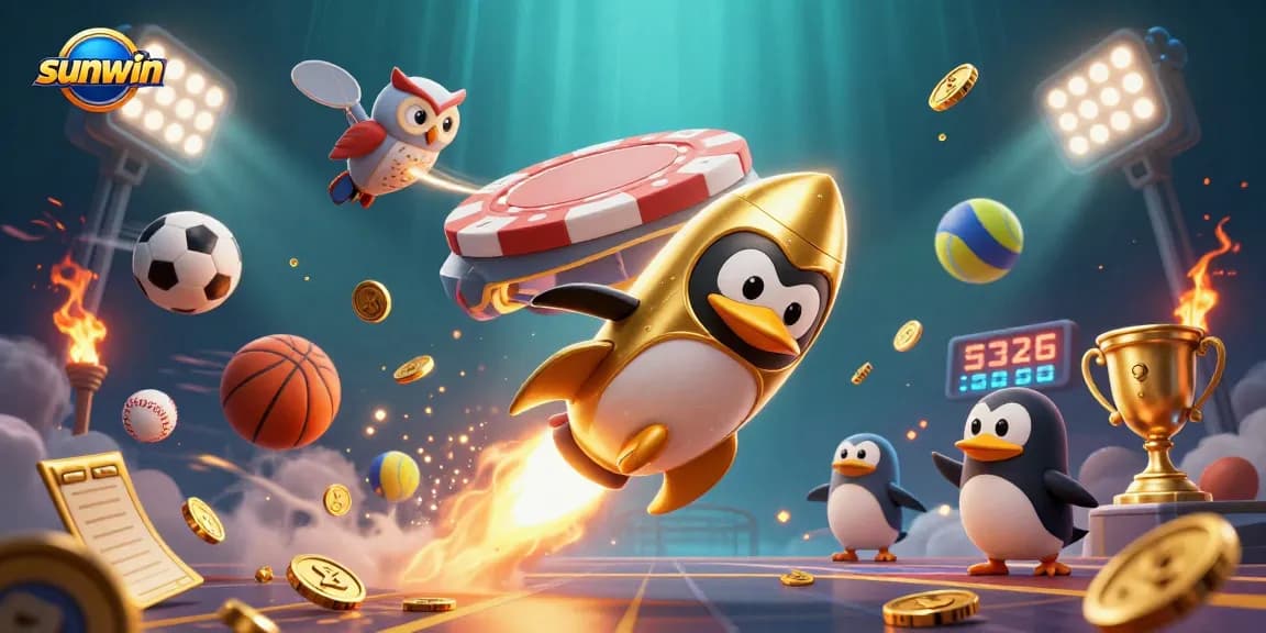 Join the thrilling adventure at sunwin with a rocket-powered penguin soaring toward a casino in space.