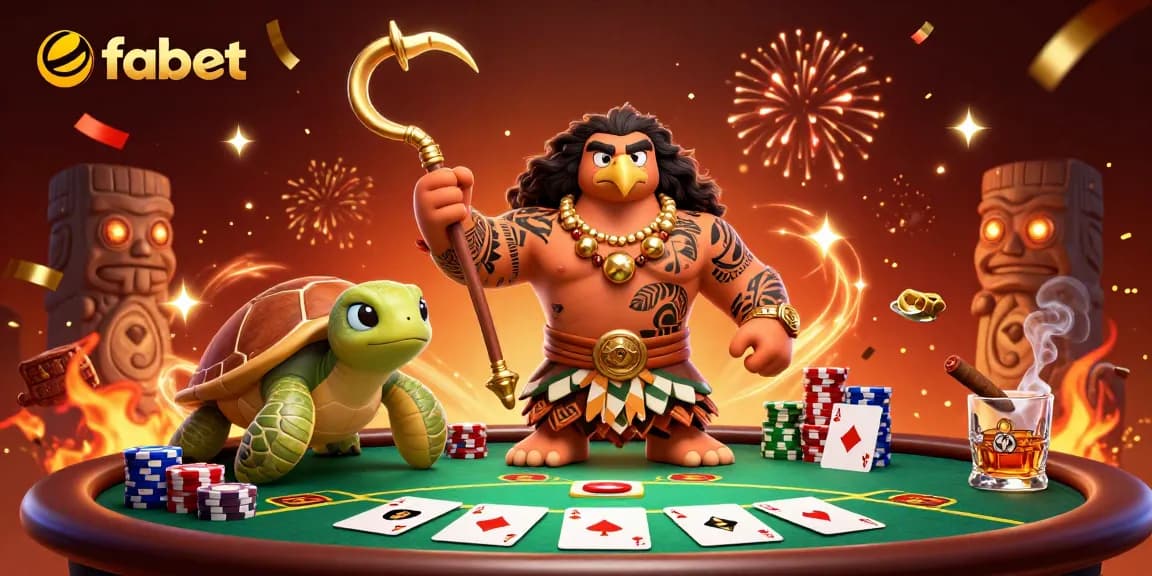 Engage with fabet's exciting gaming scene featuring a vibrant poker table and dynamic characters.