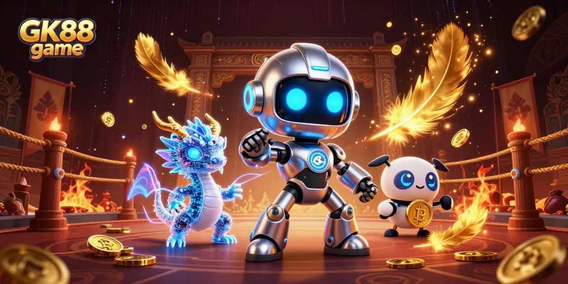 Experience the GK88 game with a vibrant scene featuring robots, gold coins, and dynamic casino elements.