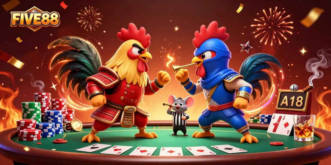FIVE88's dual rooster showdown amidst a vibrant poker scene filled with chips and cards.