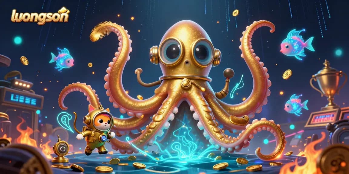 Experience thrilling gameplay with luongson featuring a colossal kraken and diving cat amidst sports betting elements.