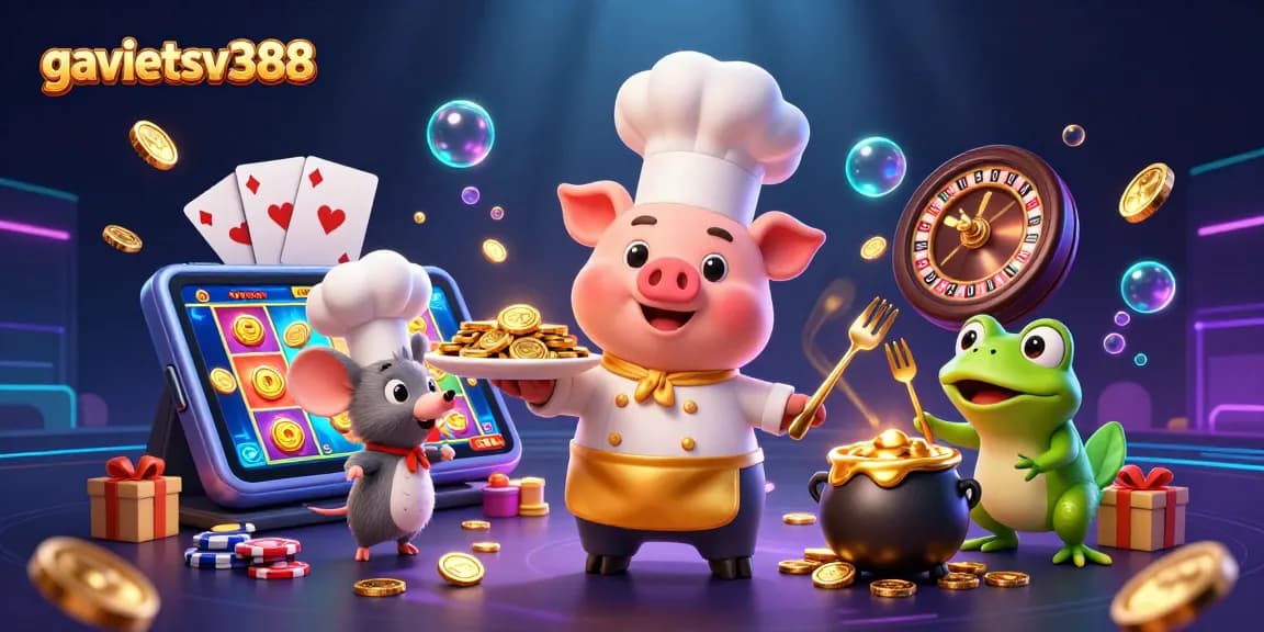 Experience thrilling gaming with gavietsv388, a vibrant casino scene featuring lively characters and a plethora of casino elements.