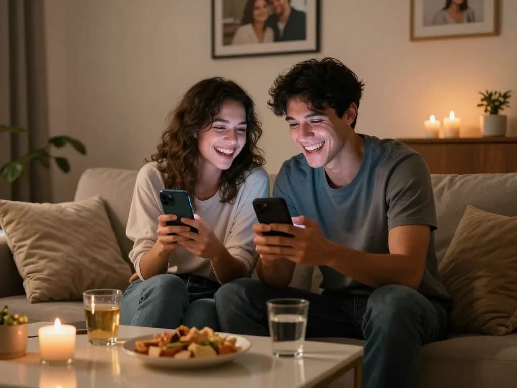 Engaging sexting ai conversation between a couple in a cozy living room.