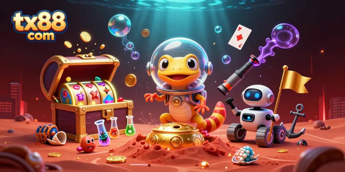 Experience thrilling gameplay at tx88 com in a vibrant 3D casino scene, showcasing a Martian gecko and arcade elements.