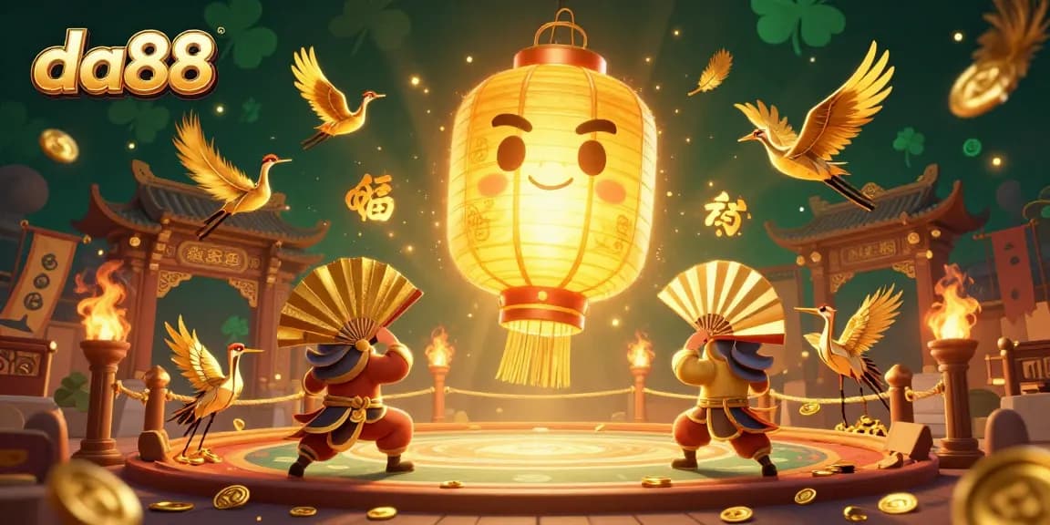 Engage with da88's vibrant casino world, featuring a glowing lantern spirit, warriors, and dynamic golden symbols.
