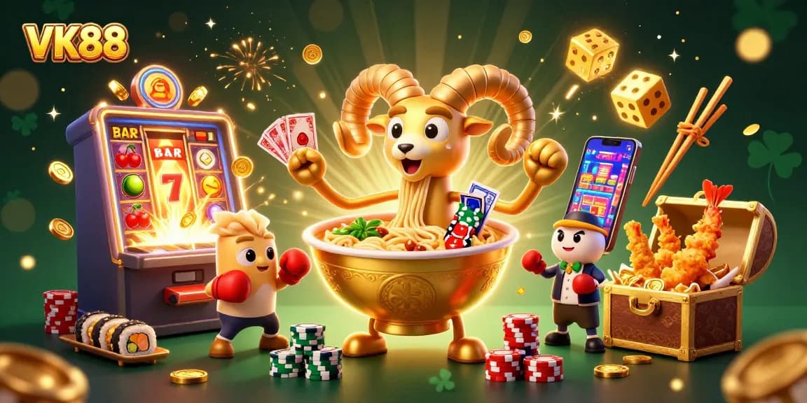 Experience thrilling wins at VK88 with an enchanting 3D casino illustration featuring vibrant games.