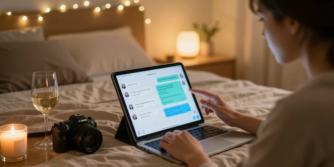 Engaging with a nsfw chat bot in a cozy bedroom setting with soft ambient lighting.