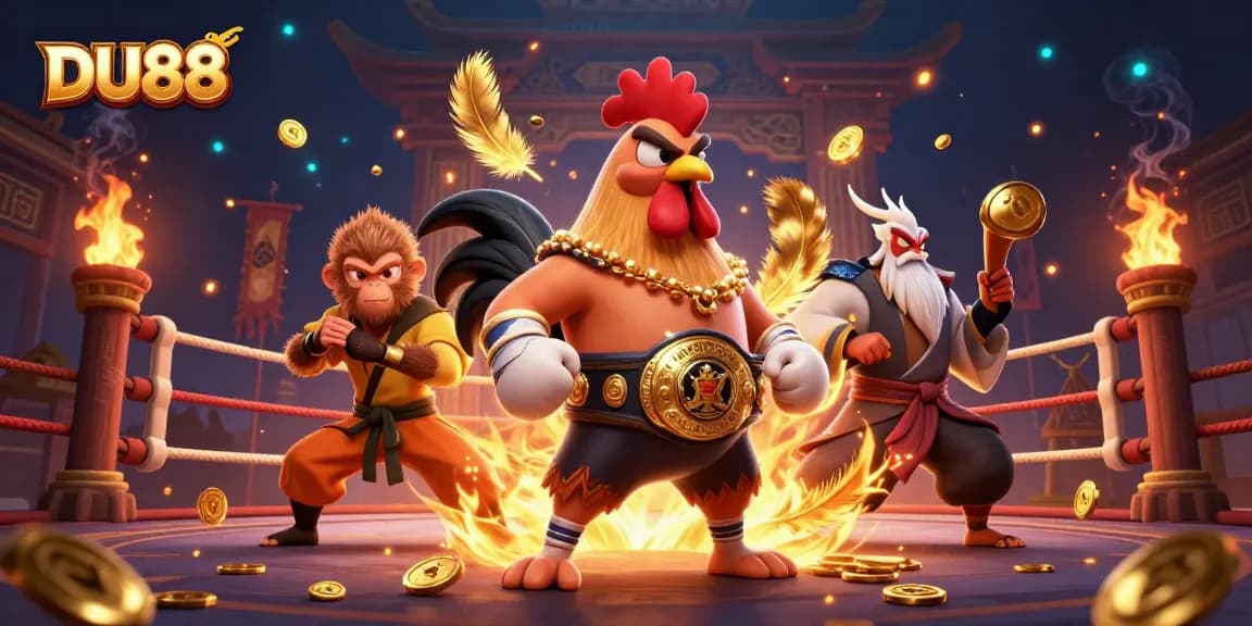 Experience thrilling action at DU88 with a vibrant 3D illustration of gaming champions featuring a Muay Thai rooster and a Shaolin monkey.