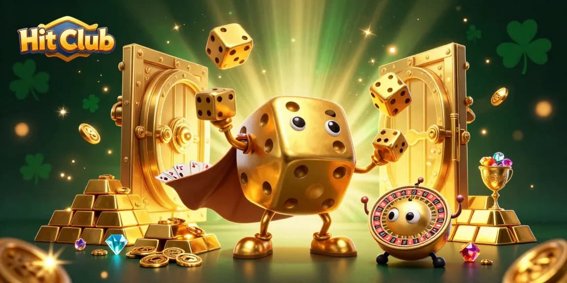 Hit Club players rolling the dice and winning big in a vibrant casino environment as golden treasures burst forth.