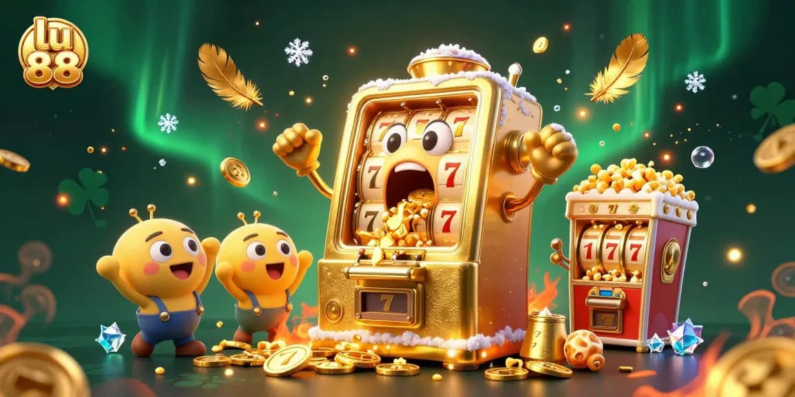 lu 88 slot machines celebrating a jackpot explosion with coins and golden kernels in an animated casino scene