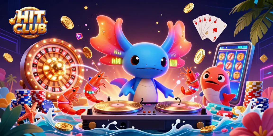 Experience thrilling gameplay at HIT CLUB with a vibrant 3D casino illustration showcasing dynamic energy and winning moments.