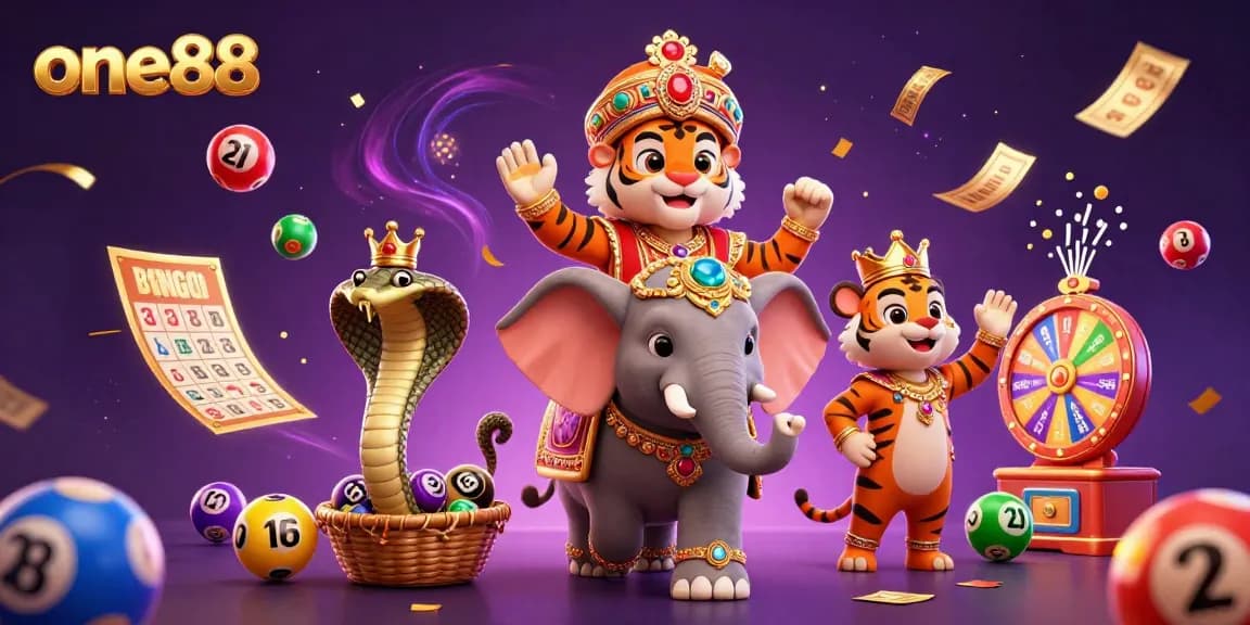 Win big at one88 with a vibrant 3D illustration of an Indian maharaja tiger, jewel-encrusted elephant, and lively lottery elements.