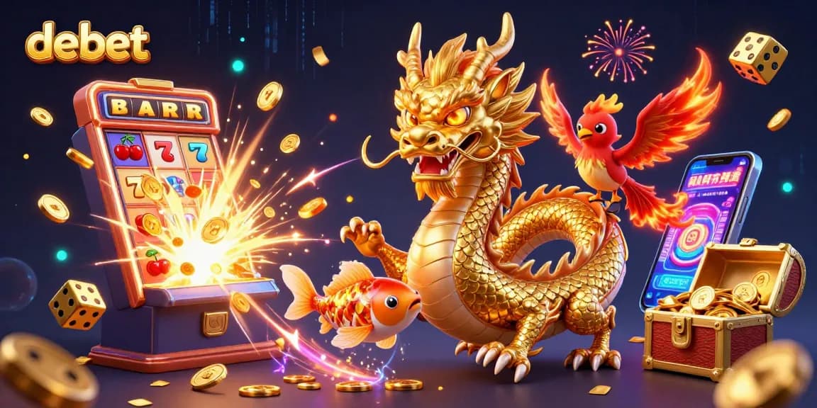 Experience the thrill of debet gaming with a vibrant illustration of a dragon, phoenix, and koi fish amidst a casino explosion.