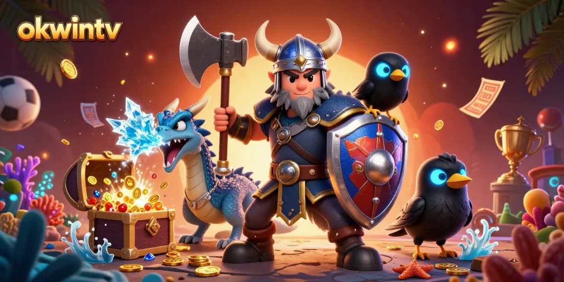Experience thrilling sports betting with okwintv featuring a dynamic Viking wolf warrior, dragon, and casino elements.