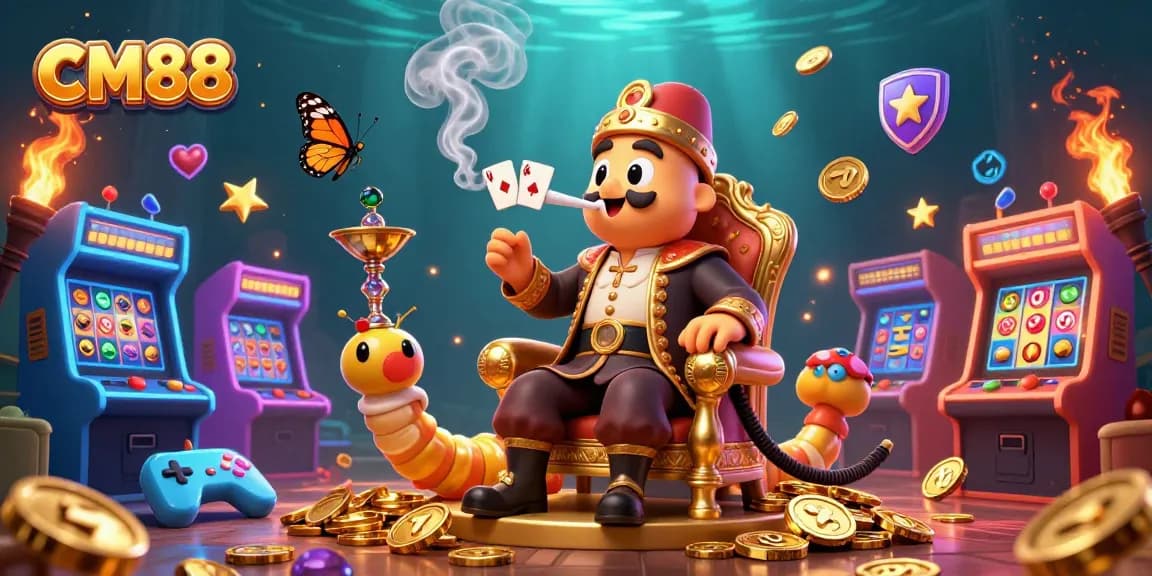 Experience CM88 with vibrant slot symbols and a whimsical caterpillar as part of this engaging online casino scene.