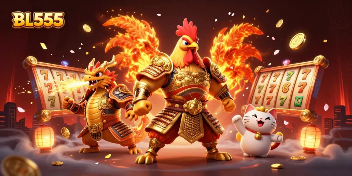 Experience thrilling gameplay at BL555 with a legendary rooster warrior and dragon mascot in an energetic casino setting.