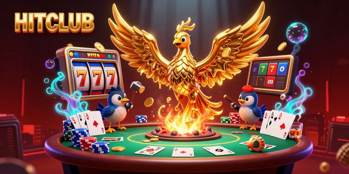 Experience thrilling wins with HITCLUB's vibrant 3D illustration of the phoenix and casino elements.