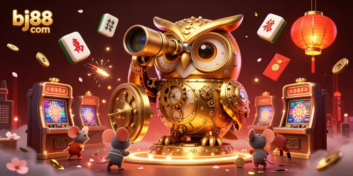 Engage in thrilling gameplay at bj88 com, featuring an enchanting owl and lively casino elements.