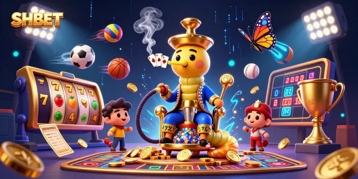 SHBET brings excitement through a captivating 3D casino illustration featuring dynamic gaming elements and colorful characters.