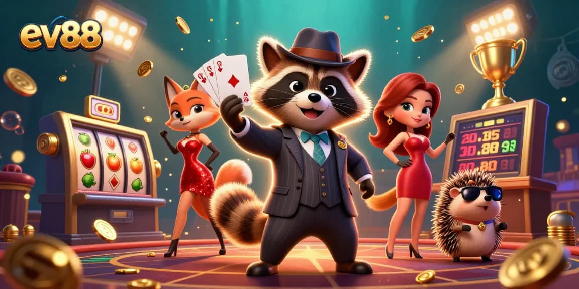 Experience the thrilling world of ev88 with a suave raccoon, a beautiful fox, and dynamic casino elements.