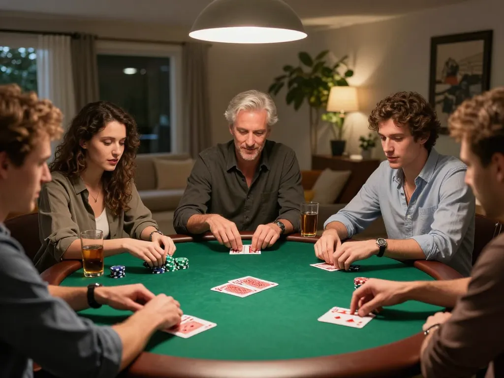 LODE88 players strategizing during a vibrant home poker game night filled with anticipation.