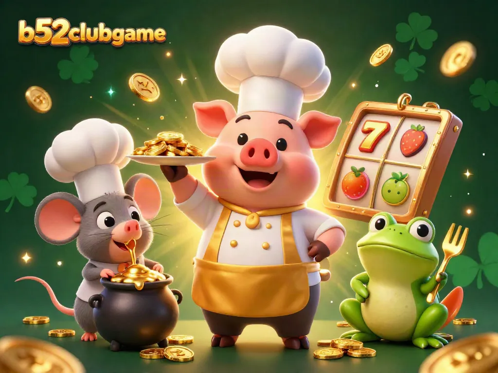 Engaging scene featuring b52clubgame characters celebrating with gold coins amid slot game symbols.