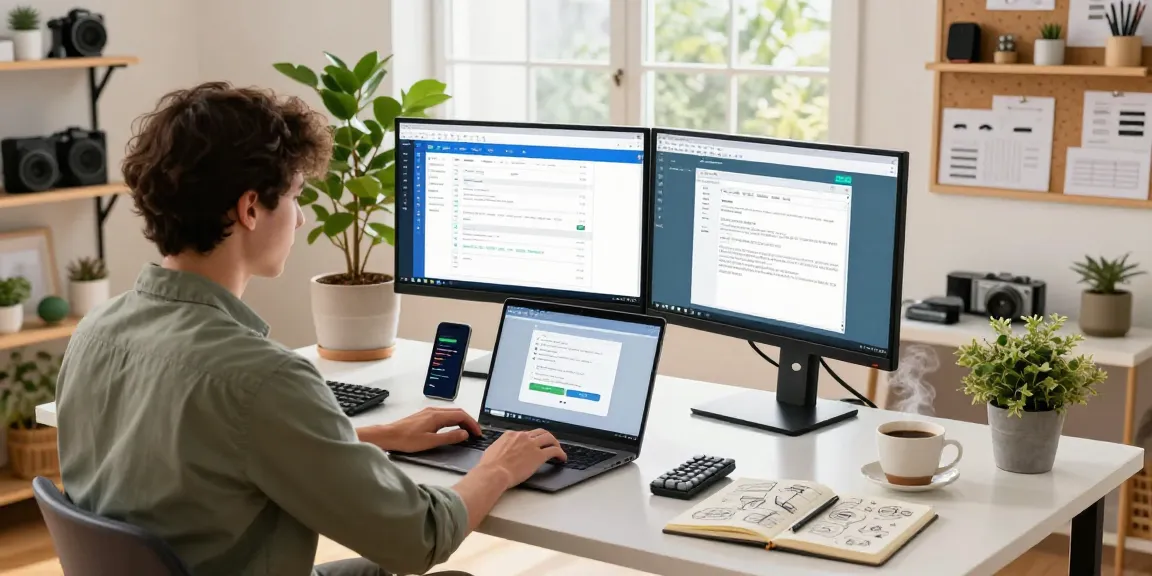 WPS Download in a modern home office with dual monitors and productivity tools.