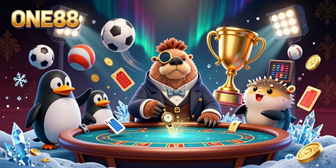 Experience the excitement of ONE88 with a jolly walrus, a sophisticated penguin dealer, and a bluffing pufferfish at an underwater poker table amidst dynamic sports betting elements.