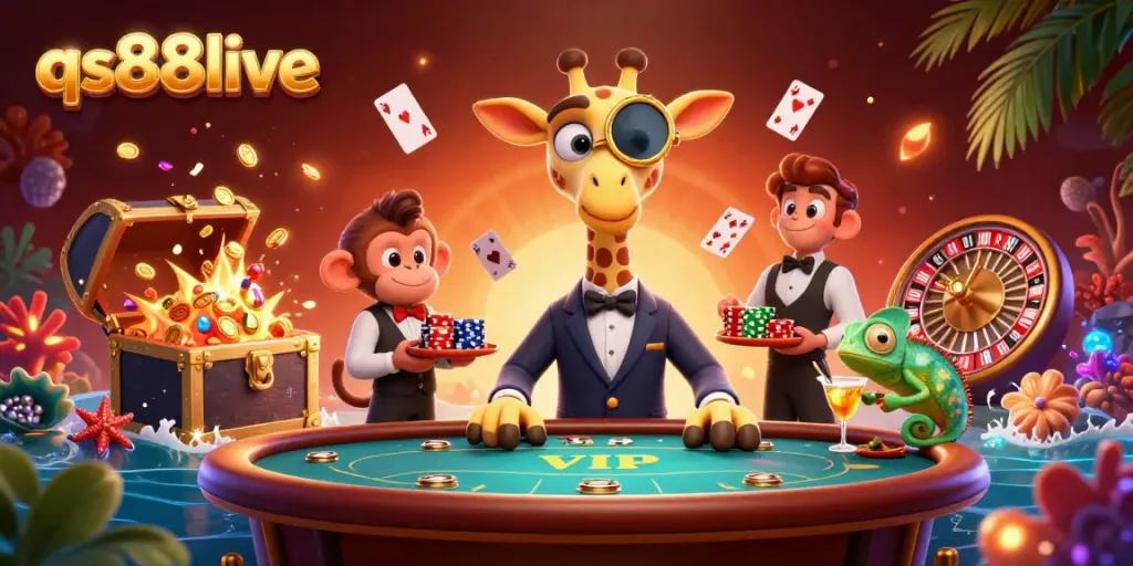 Experience gaming excitement with qs88live as a giraffe high-roller and friends enjoy a VIP poker atmosphere.