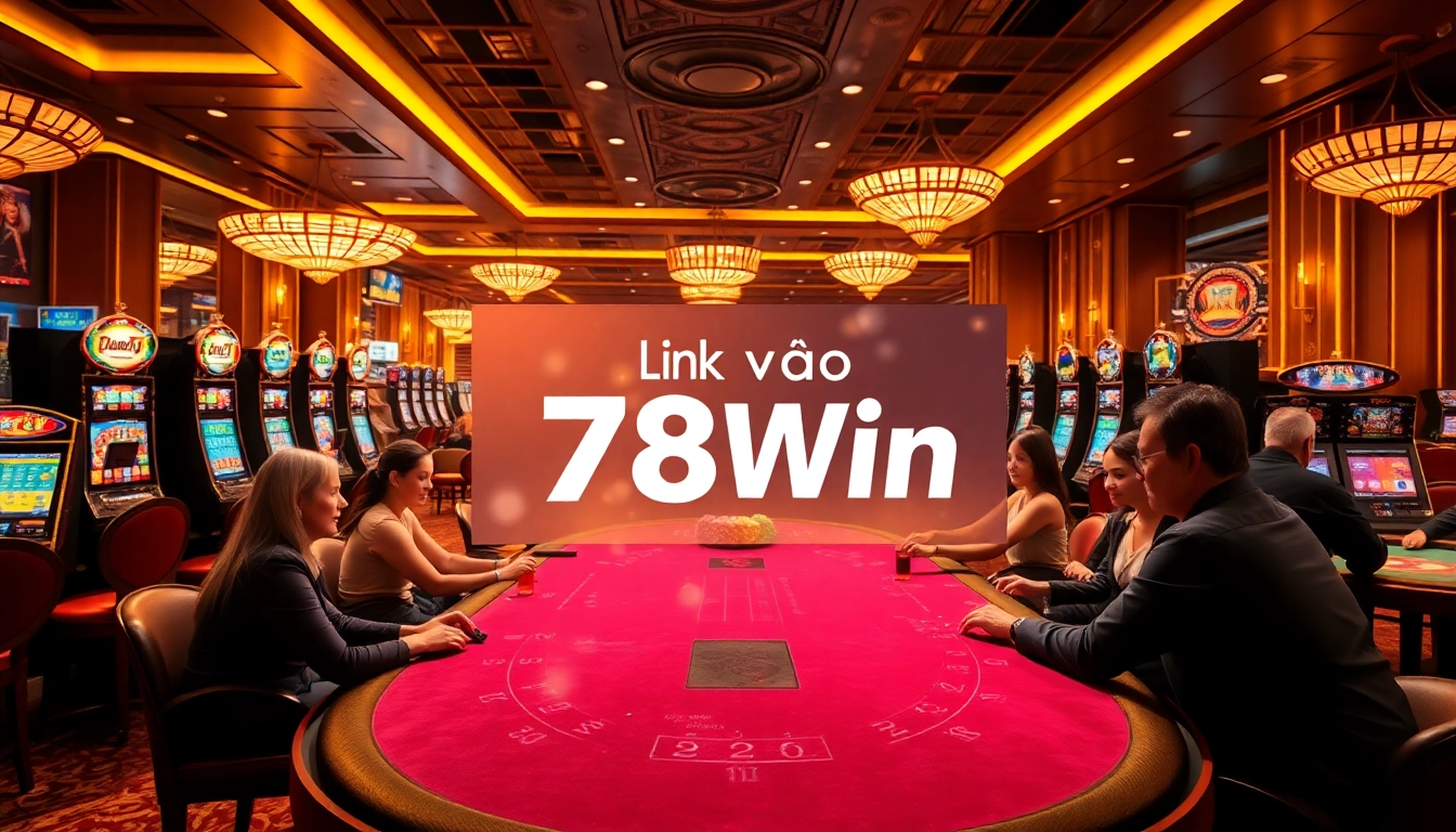 Engage with the excitement of casino gaming at Link vào 78Win, showcasing players at elegant tables and vibrant slot machines.