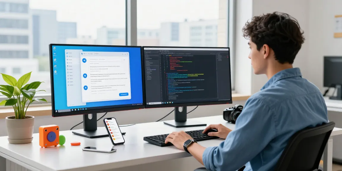 Download Telegram interface displayed on a sleek modern desk in a bright tech workspace.