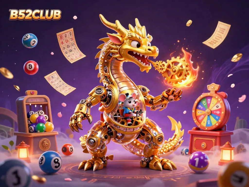 B52CLUB immersing players with vibrant lottery games, colorful balls, and golden prizes.