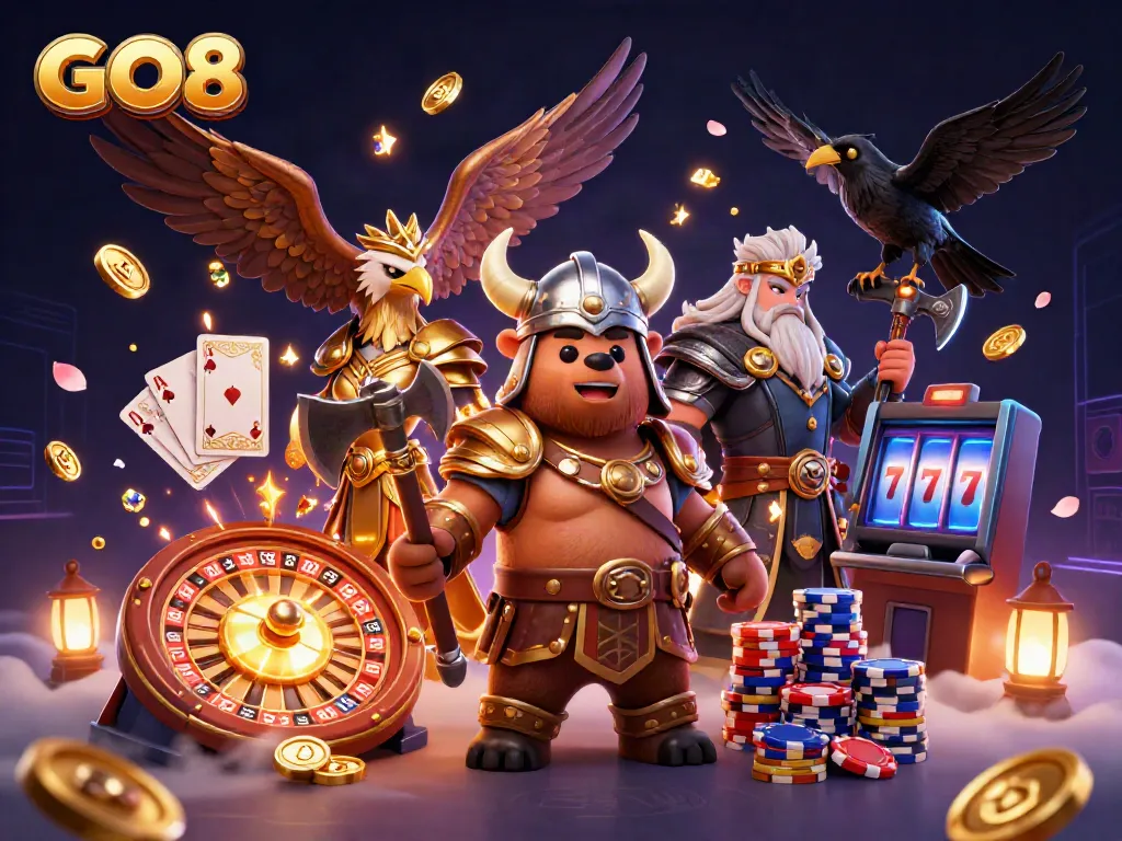 Experience the thrill of GO8 with Viking characters surrounded by casino games and treasures.