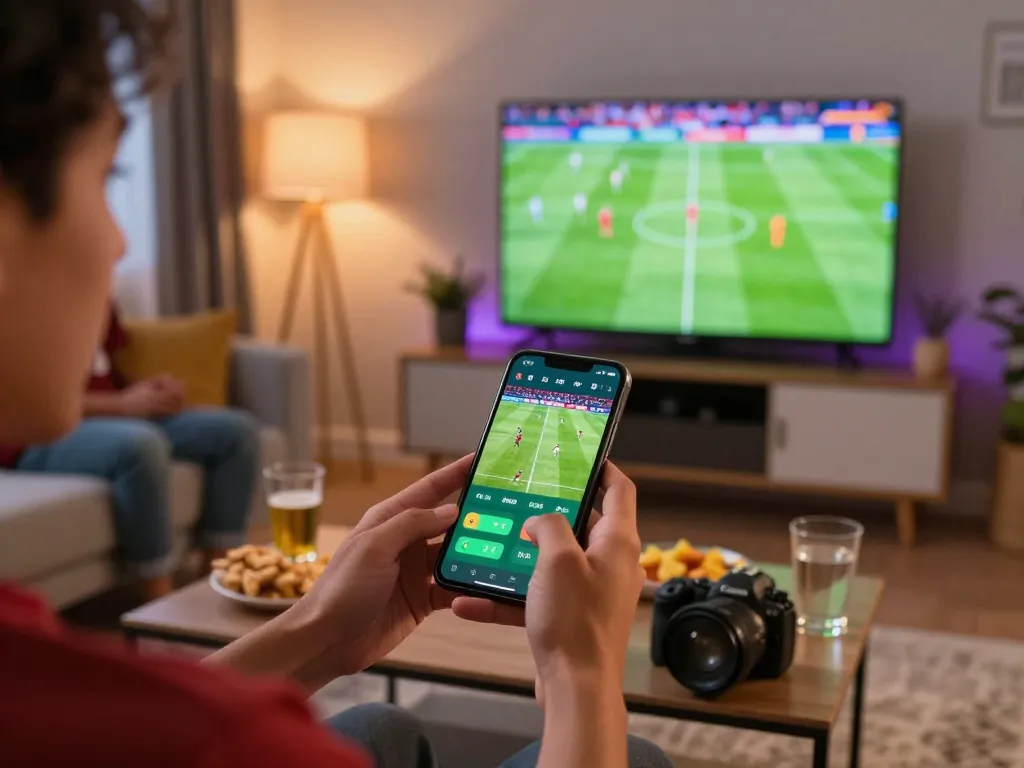 Engaging moment of a player using the ae888a app for live betting during an exciting soccer match.