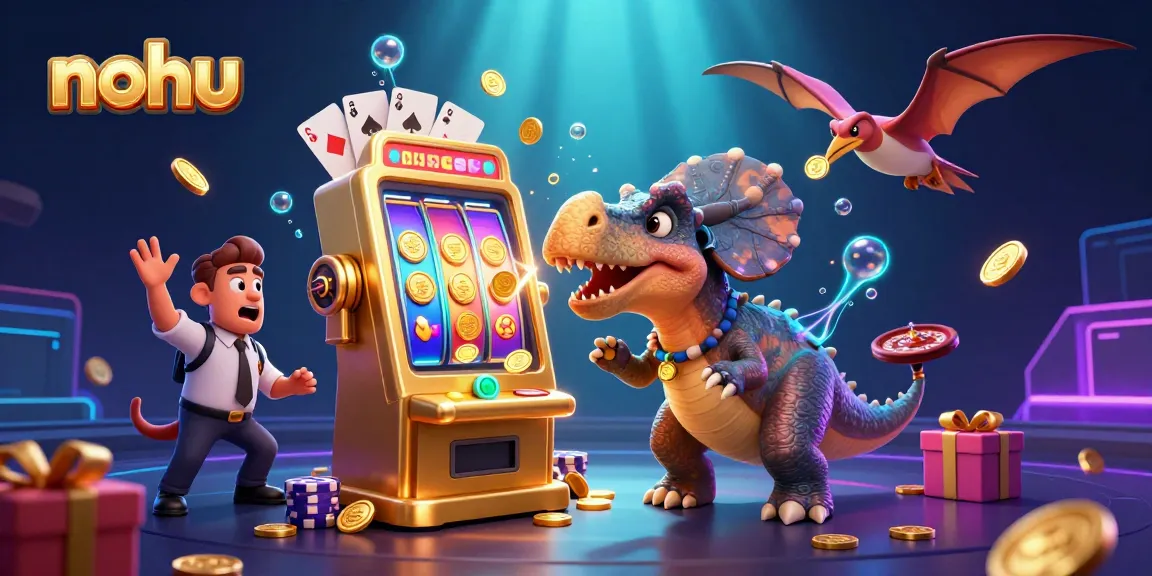 nohu illustration shows a pachycephalosaurus celebrating jackpot wins with casino elements