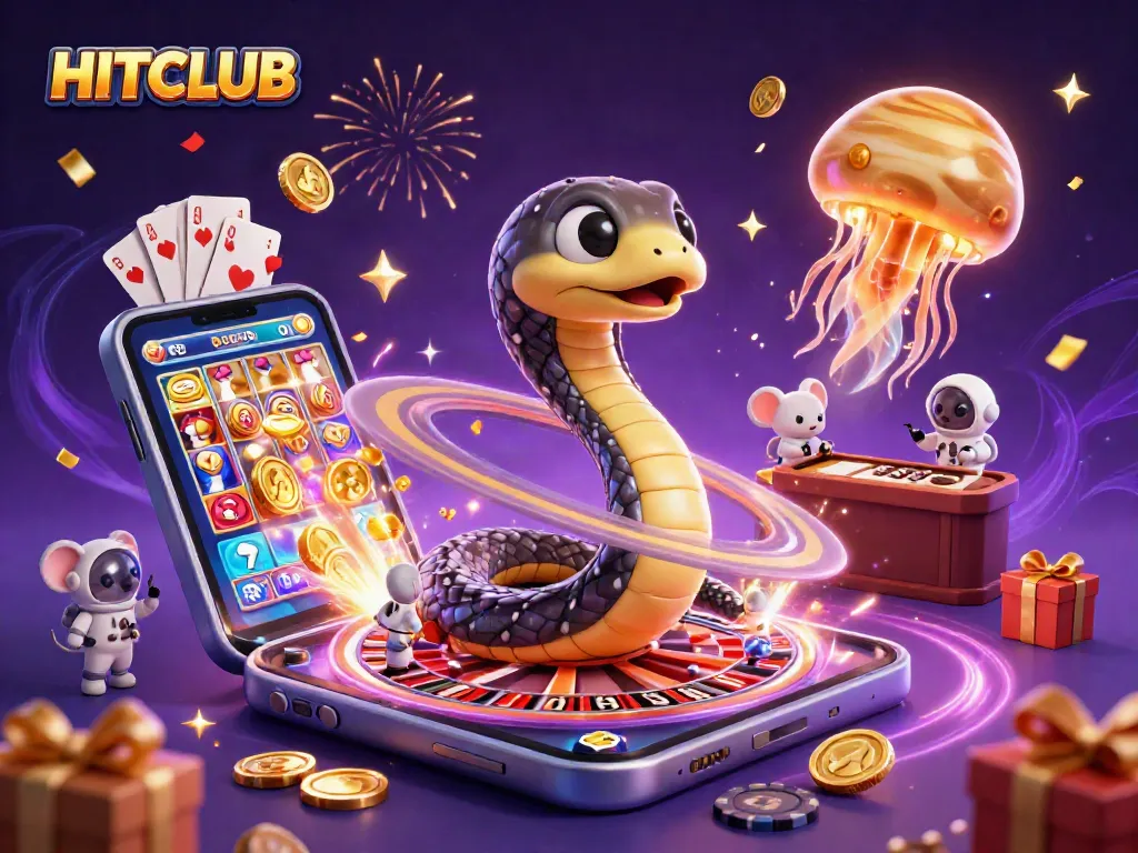 Experience HITCLUB's vibrant casino scene with astronaut mice betting on roulette rings and sparkling game elements.