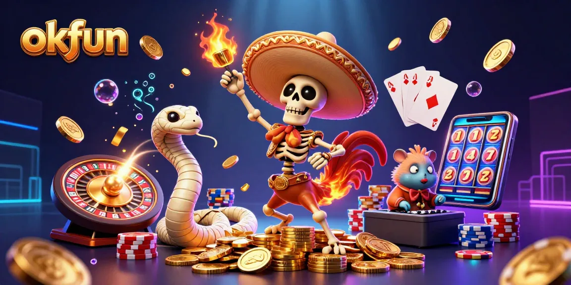 Celebrate wins at okfun with vibrant casino characters and a dynamic scene filled with coins and games.