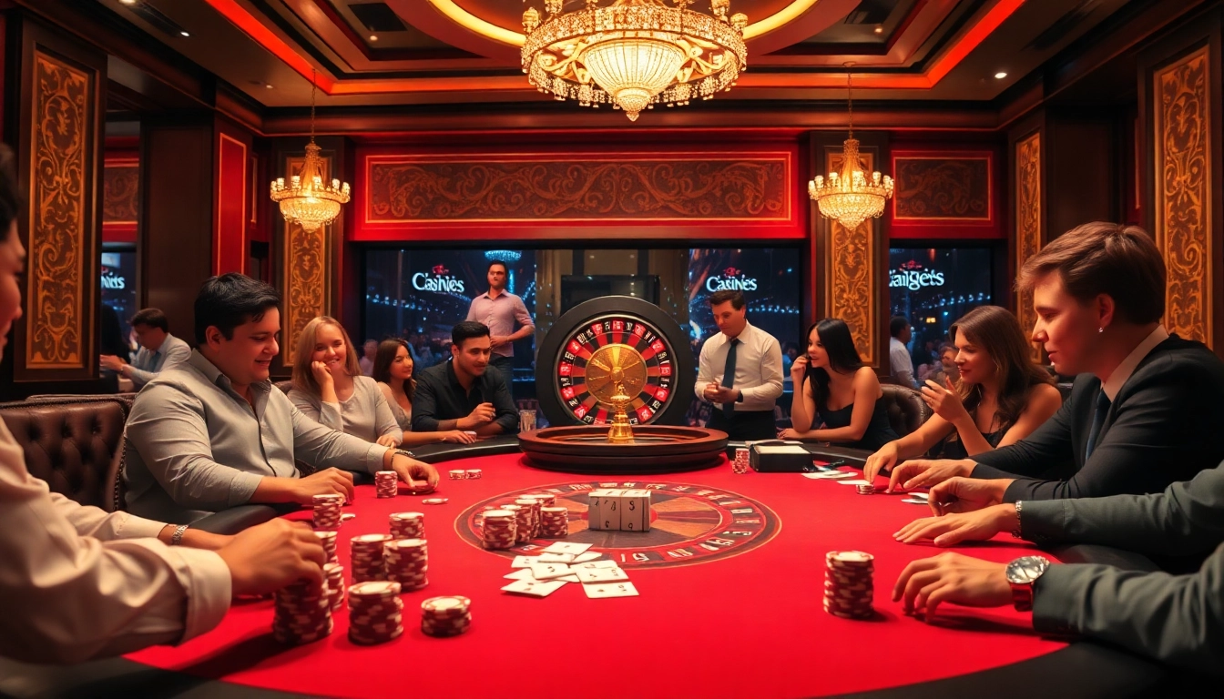 Experience the thrill of Top 10 nhà cái uy tín with players at an exciting poker table in a luxurious casino.