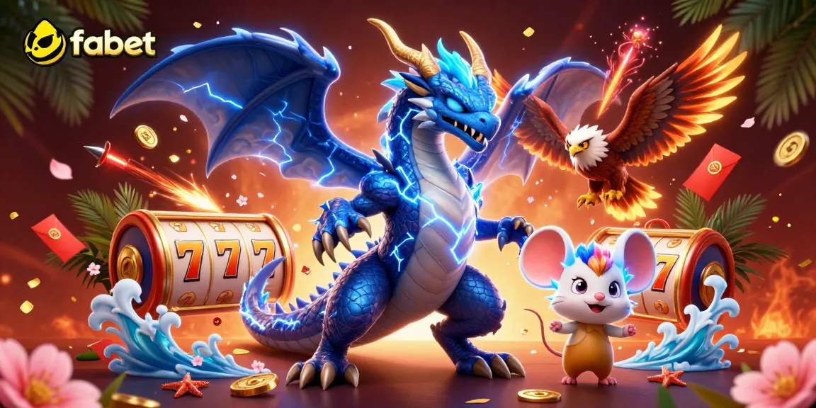 Engage with fabet's thrilling slots featuring a dragon and glowing hawk in a vibrant 3D scene.
