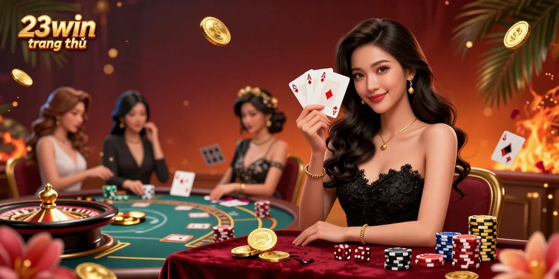 Experience the excitement of 23win trang chủ with a captivating 3D casino scene featuring poker action and vibrant surroundings.