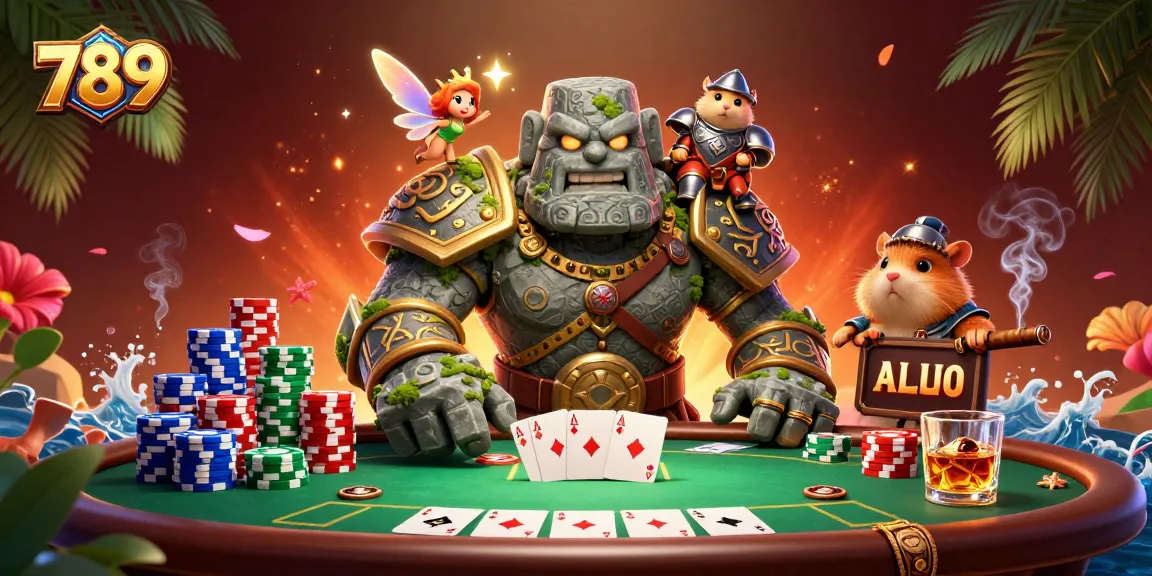 Experience the thrilling excitement of 789 casino, featuring a golem guardian and poker elements.