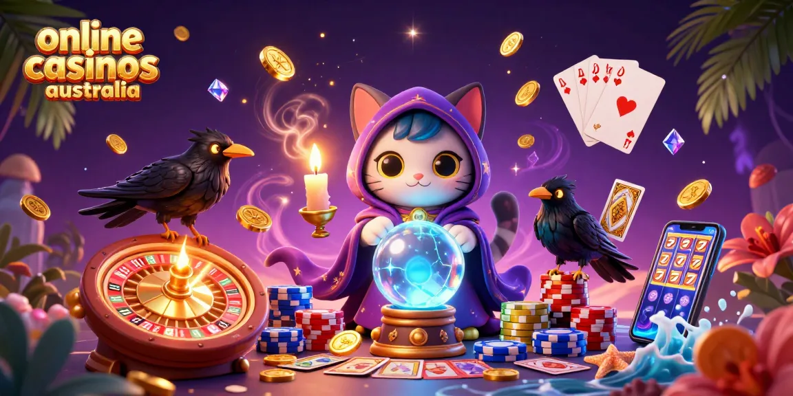 Experience captivating online casinos Australia with a mystical scene of a fortune teller cat and a tarot-dealing raven.