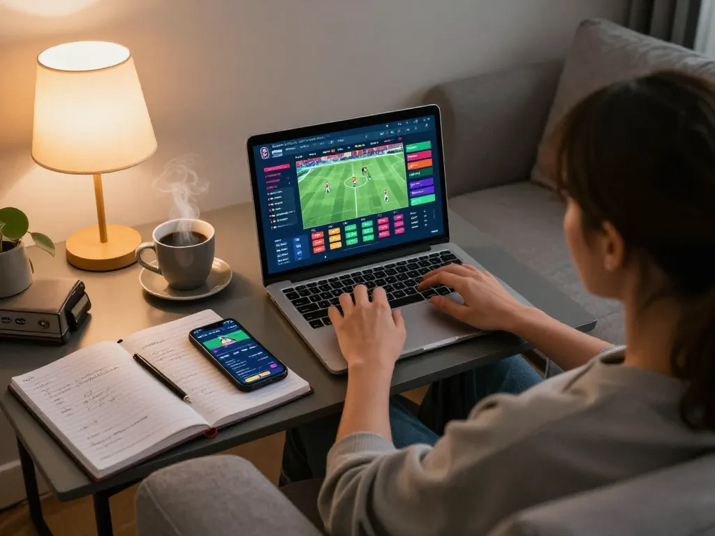 xôi lạc betting on sports from home with laptop, showing vibrant odds and engaging atmosphere