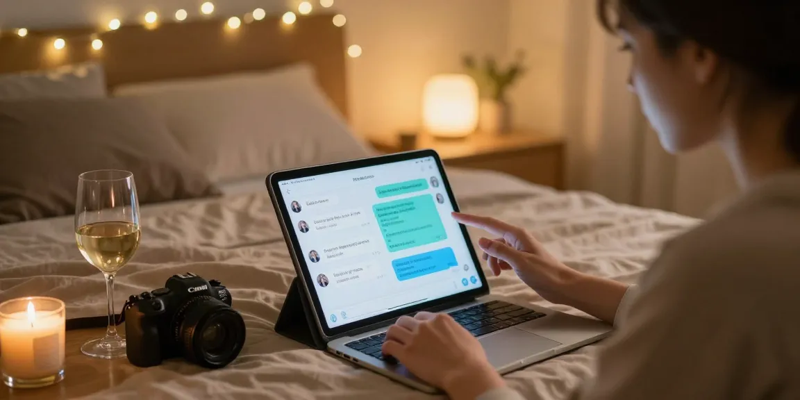 Engaging with a nsfw chat bot in a cozy bedroom setting with soft ambient lighting.