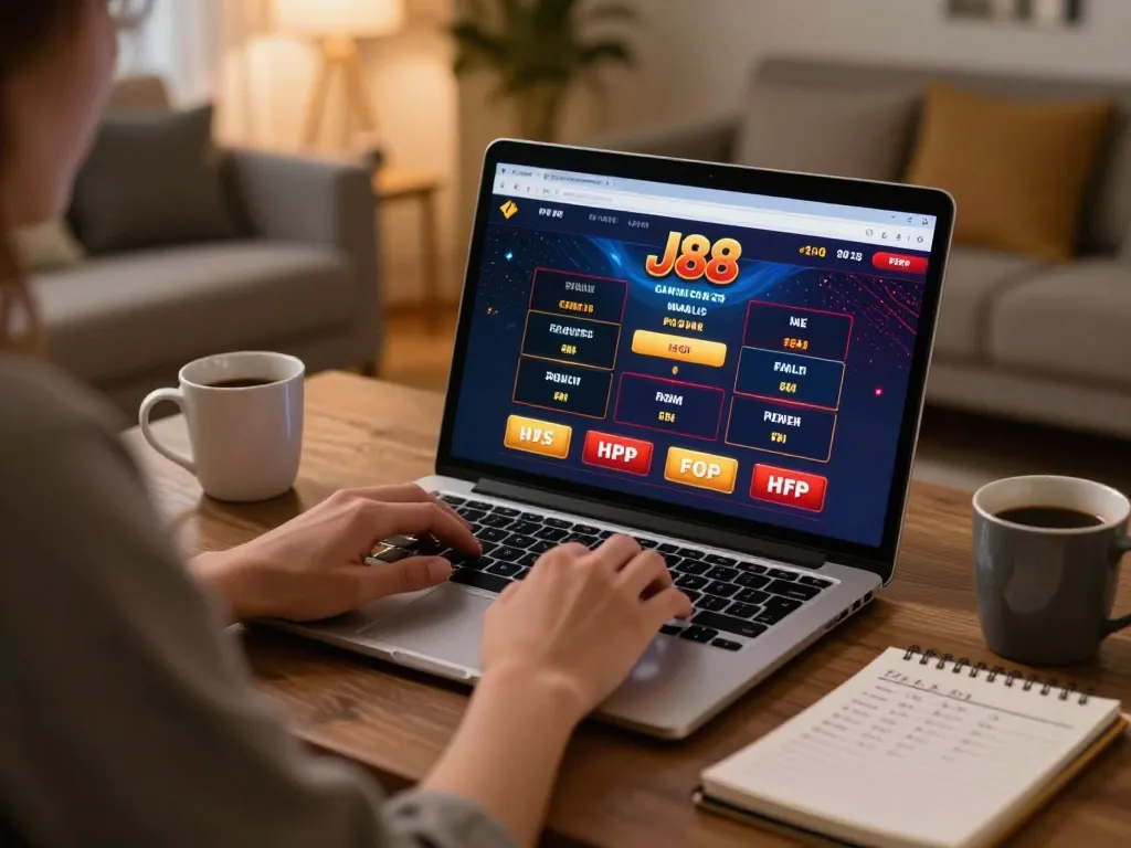 Engaged player using J88 com for online gambling strategy in a cozy home setting
