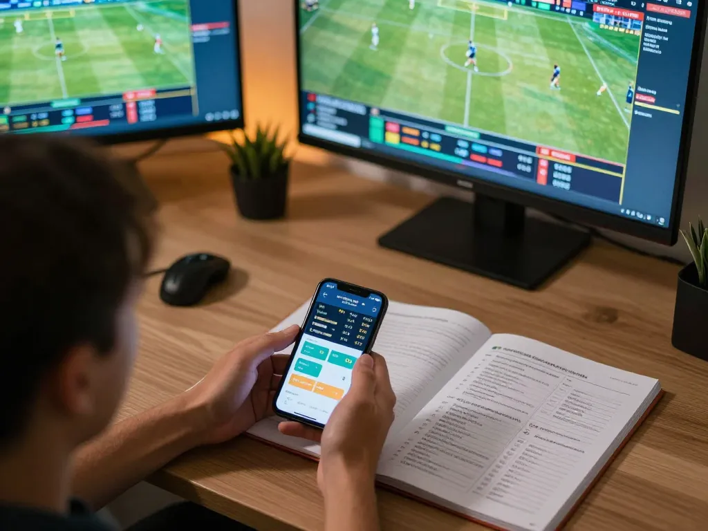 Engaging in live sporting bets on ku88q app in a modern home office, showcasing excitement and strategic planning.