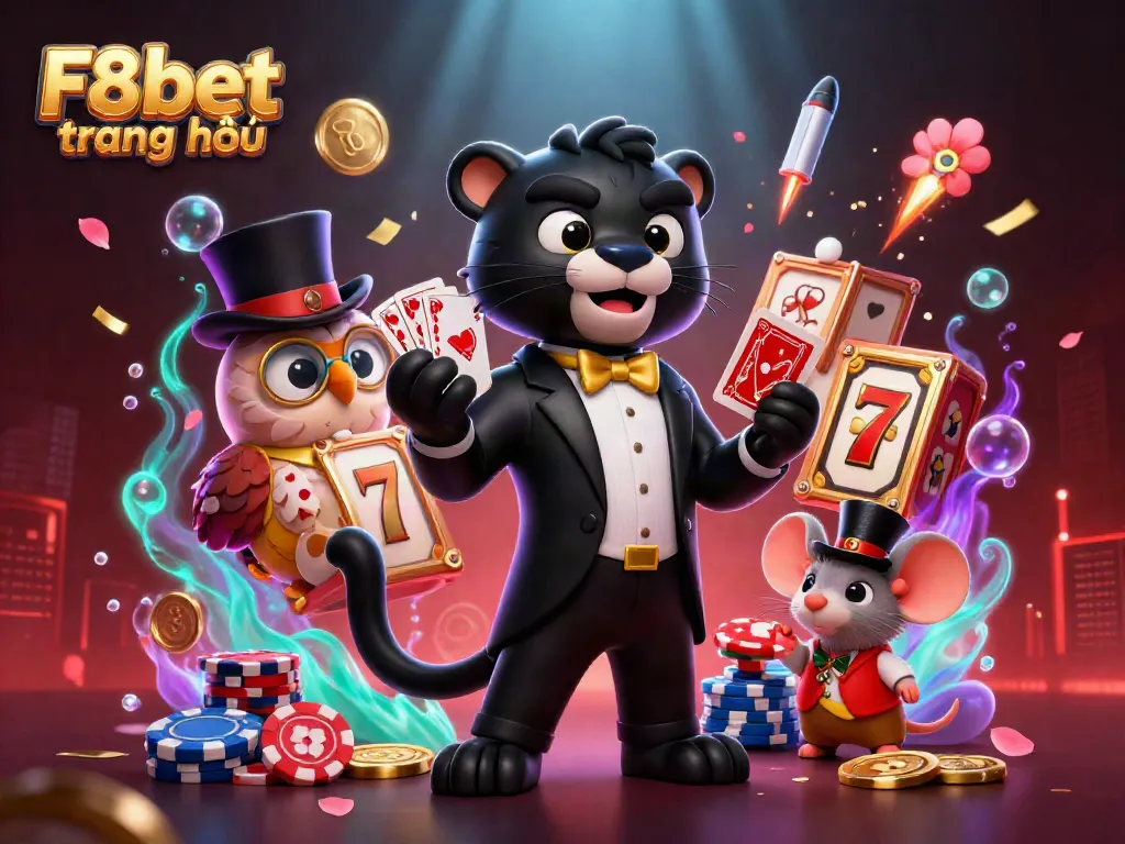 Engage in thrilling gaming at F8bet trang chủ with a stylish panther, owl, and lucky mouse amidst dynamic casino elements.