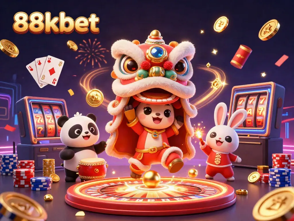 Experience the excitement of 88kbet with a vibrant 3D illustration showcasing a festive casino scene.