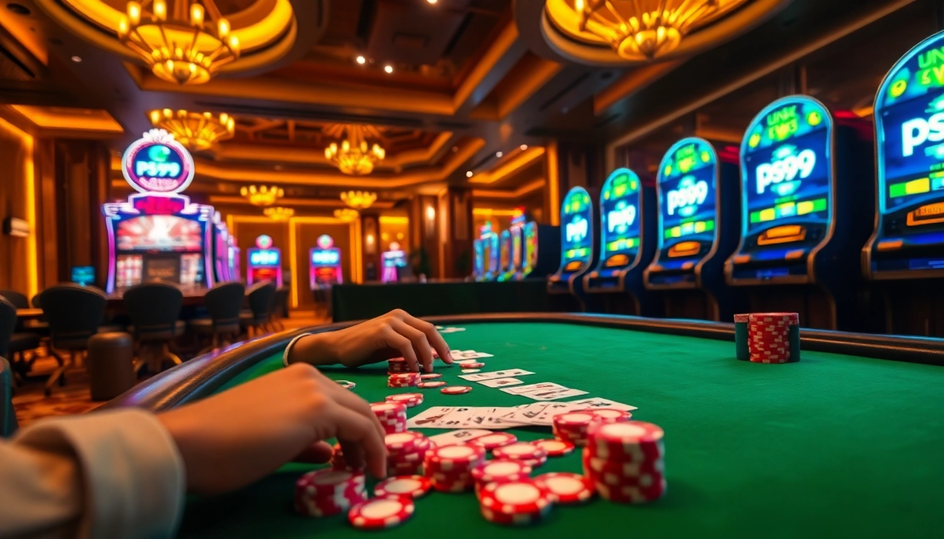 Excited gamblers exploring Link mới nhất ps99 at an elegant casino with vibrant lights.